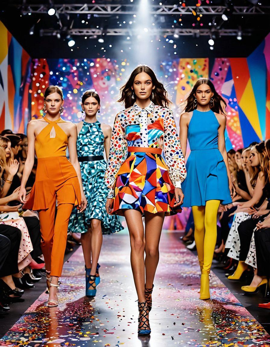 A vibrant and whimsical fashion runway scene showcasing models wearing bold and colorful designs, surrounded by playful patterns and dreamlike elements. The backdrop features an abstract blend of bright colors and fantastical shapes, radiating creativity and individuality. Include a diverse group of people admiring the outfits, adding an element of excitement and inspiration. Illustrate a lively atmosphere with confetti raining down, enhancing the celebratory vibe. super-realistic. vibrant colors. dynamic composition.
