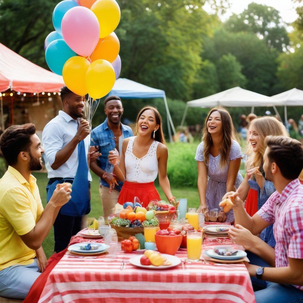 A lively scene featuring a diverse group of people dressed in trendy, playful outfits, celebrating various occasions like parties, picnics, and casual gatherings. Bright colors, fun patterns, and accessories should reflect joy and individuality, with a vibrant park setting in the background filled with balloons and decorations. The atmosphere should feel festive and energetic, inviting the viewer to join in the celebration. super-realistic. vibrant colors. outdoor setting.