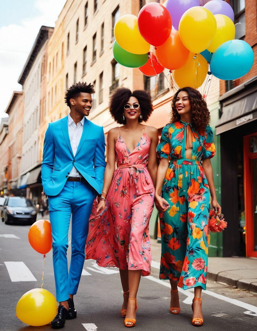A whimsical intersection of fashion and happiness, featuring a diverse group of stylish individuals showcasing vibrant, flirtatious outfits in an urban setting. Bright colors, playful patterns, and accessories symbolize joy and confidence. Include elements like balloons and flowers to enhance the cheerful atmosphere. Capture the essence of self-expression through fashion. super-realistic. vibrant colors. city backdrop.